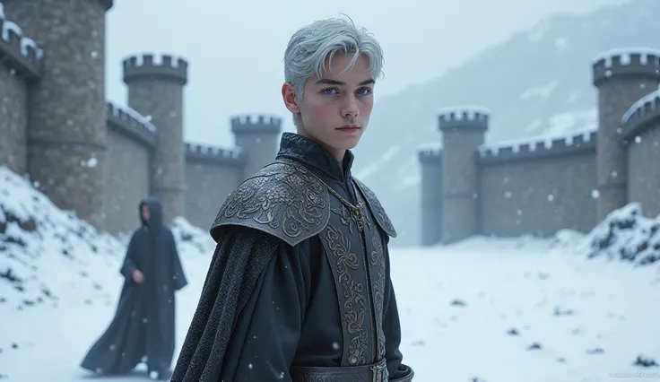 A targaryen teenager boy with 15 years with silver short hair, silver eyebrows and purple eyes, medieval clothes, Winterfell scenary, naked in the snow, couple