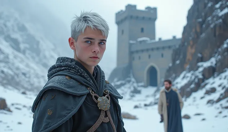 A targaryen teenager boy with 15 years with silver short hair, silver eyebrows and purple eyes, medieval clothes, Winterfell scenary, naked in the snow, male couple