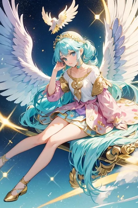 Paolina is a light creame pegasus. She has light teal hair with white wings.
She has a gold design on her pink top with a floral blue skirt.
She comes with a gold headpiece and gold shoes.  SPARKLE; GLITTER