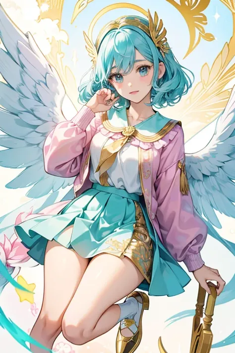 Paolina is a light creame pegasus. She has light teal hair with white wings.
She has a gold design on her pink top with a floral blue skirt.
She comes with a gold headpiece and gold shoes.  SPARKLE; GLITTER