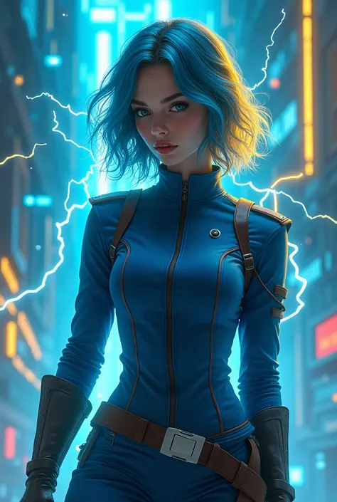 (Maximum quality), fantasy, blue and yellow hair, blue military suit, assessing, neon, electricity, slender girl, yellowish blue rays, High Definition, ultra detailed, in a hurry