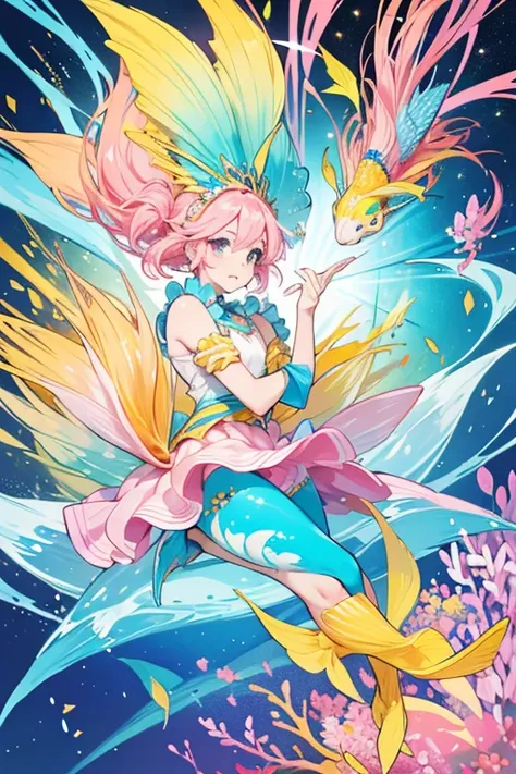 Radia is a light pink fish with pink, yellow, and blue hair and orange fins.
She wears a rainbow outfit with a scaly designed skirt.
She comes with a yellow headpiece and a blue fin that covers her legs. SPARKLE; GLITTER