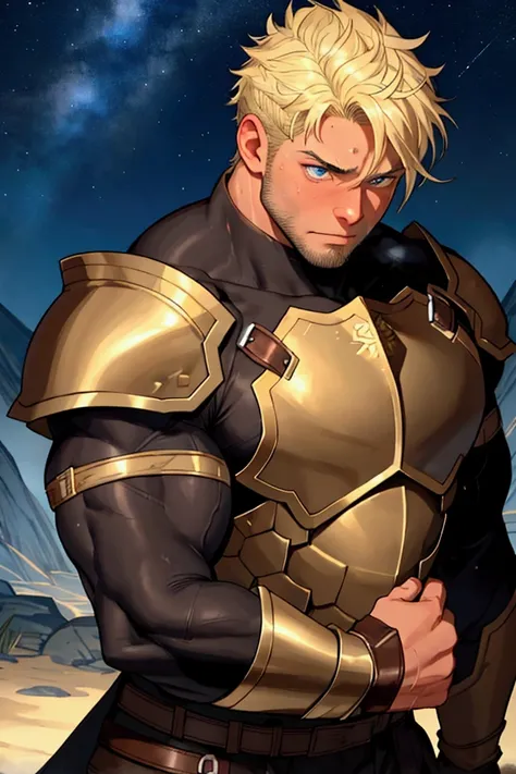 A large, muscular man in his 20s、Leather armor that exposes the body、With body hair、Highest quality、Perfect Eyes、Gay、Brown skin、Upper body naked、Blonde Short Hair、Embarrassed face、Night starry sky、sweating、Your body is wet、Kind personality