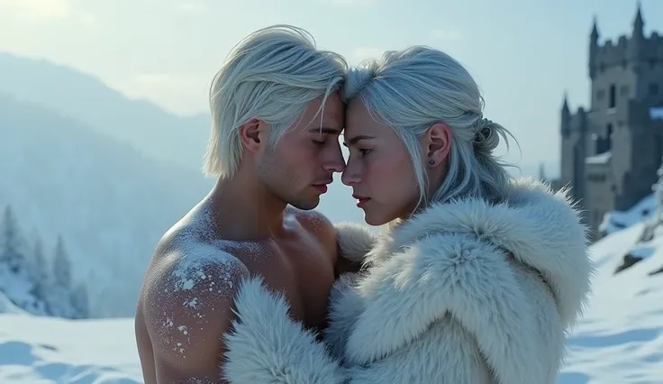 2boys, A targaryen teenager 1boy with 15 years (with silver short hair, silver eyebrows and purple eyes), Winterfell scenary, naked in the snow, couple
1boy with 19 years (with silver short hair, silver eyebrows and purple eyes),