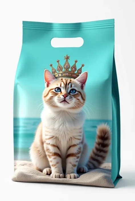 create a 4kg plastic bag for cat litter. must have turquoise and white colors, a realistic photo of a cat sitting on white sand with a happy look and a king&#39;s crown. 