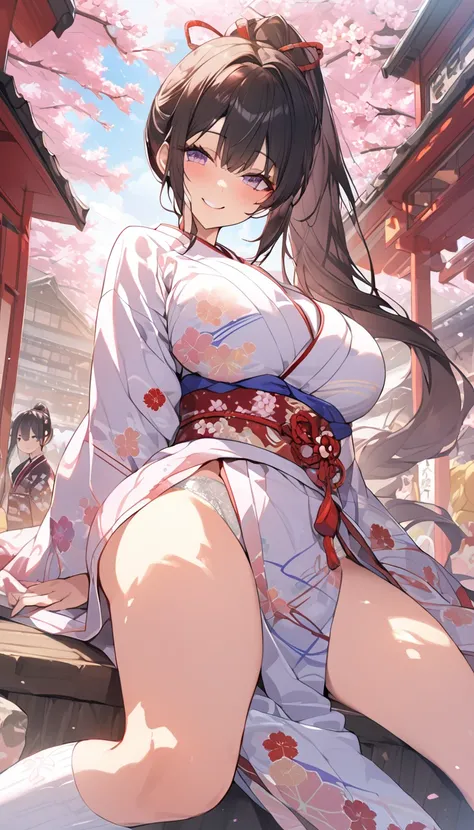 One Woman、beautiful girl、evening、kimono、Beautiful patterned kimono、ponytail、Waraji、School、Back of the school building、spring、cherry blossoms々、はためくcherry blossomsの花びら、Long Hair、Highest quality、Ultra HD、Black Hair、smile、8 heads、White tabi socks、Japanese Umbr...