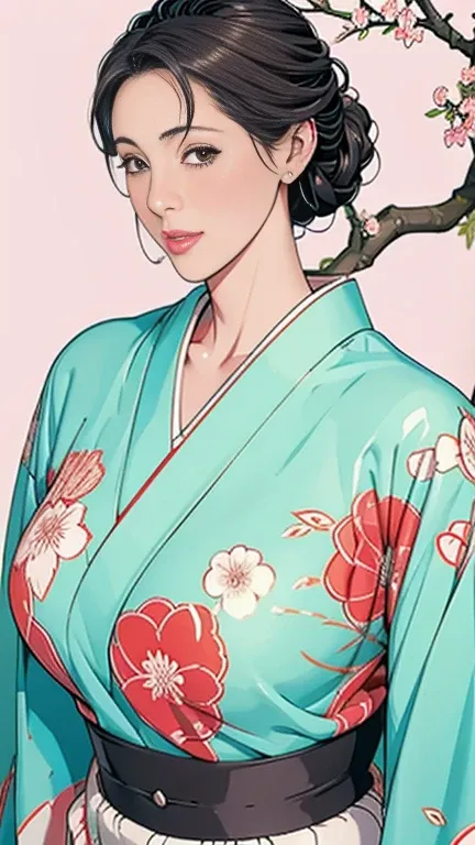 1，Japanese hairstyle，Photorealism，detailed，masterpiece，mature，((full))， (Broad shoulders), ((Huge))，（Beautiful long-sleeved kimono，Kimono，smile，masterpiece，high qualityのAn illustration,, An illustration：Zoe Mozart, pin up art byZoe Mozert, ヴィンテージpin up, ゾー...