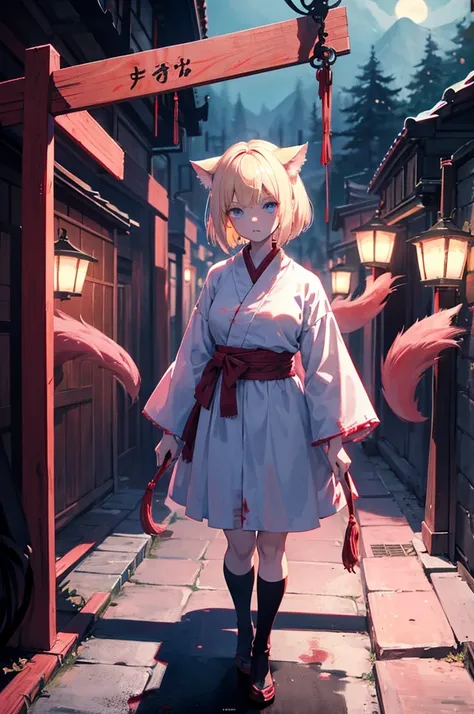 horror, fullbody, blond hair, short hair, cat ears, blue eyes, female, shrine maiden, pink, white, red, two tails, scary, creepy, fatal frame, blood, shadow, dark, ghost, haunted, bent neck,