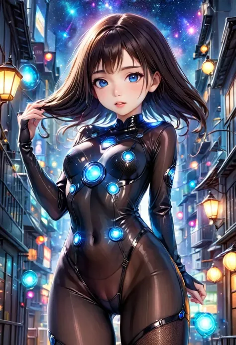 Future city, universe, technology, magic, reality, cute woman (sheer body suit with blinking lights, no underwear), starry eyed sight seer
