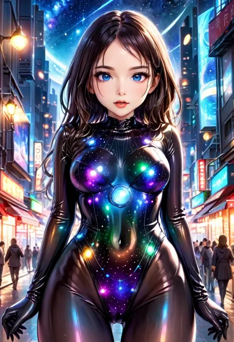 Future city, universe, technology, magic, reality, cute woman (sheer body suit with blinking lights, no underwear), starry eyed sight seer
