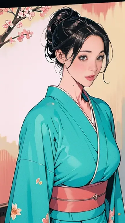 1，Japanese hairstyle，Photorealism，detailed，masterpiece，mature，((full))， (Broad shoulders), ((Huge))，（Beautiful long-sleeved kimono，Kimono，smile，masterpiece，high qualityのAn illustration,, An illustration：Zoe Mozart, pin up art byZoe Mozert, ヴィンテージpin up, ゾー...