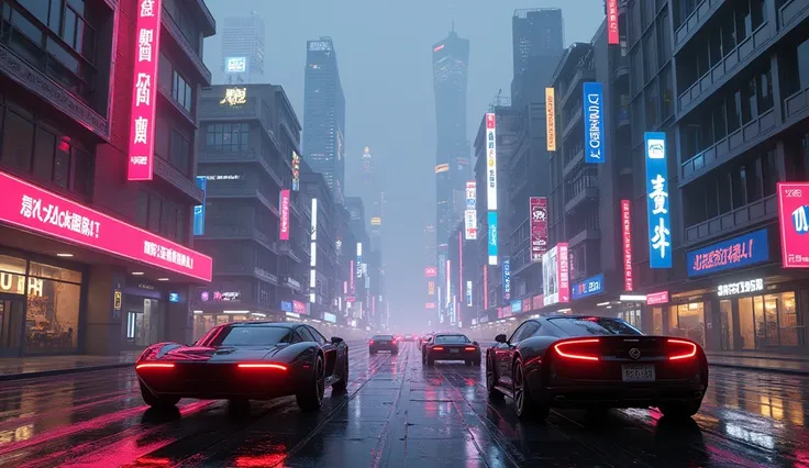 (photorealism:1.2), 
"Create a futuristic cityscape blending modern and future elements, inspired by cyberpunk aesthetics. The scene should include neon lights, wet streets reflecting the glow, and a mix of modern and futuristic cars. The buildings should ...