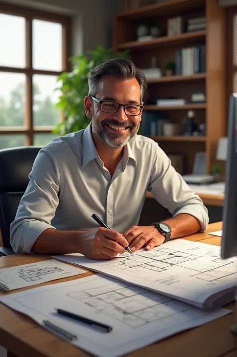 Juan in his office smiling and looking at a plan of his future house