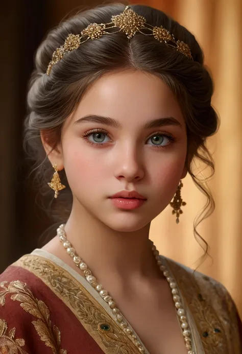 a young girl, beautiful detailed eyes, beautiful detailed lips, extremely detailed eyes and face, long eyelashes, intricate hairstyle, delicate facial features, serene expression, soft lighting, warm color palette, oil painting, realistic, photorealistic, ...