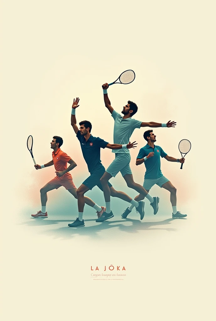 Minimalist and artistic image of Novak Djokovic alongside other prominent male tennis players, how Nadal, Sinner, Alcaraz, Rublev, Medvedev. Put a famous phrase from Novak Djokovic translated into Spanish. In the background a tennis court, and soft colors....