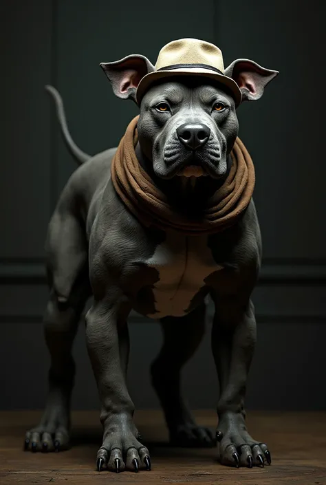 A pitbull animatronic with a hat and a brown scarf from FNAF
