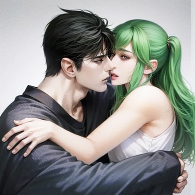 A couple of a guy and a girl in hugging position,the guy is tall and handsome,with short black hair and golden eyes and sharp look,and the girl is short and cute,with long green hair and red eyes and soft features,hugging each other,cute check kiss.