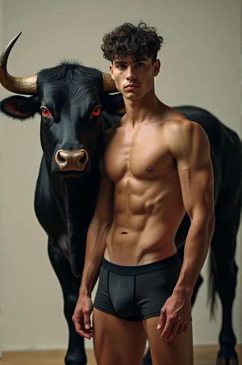 A young man without a shirt in boxers, with a well-formed naked bull with black hair red eyes handsome 