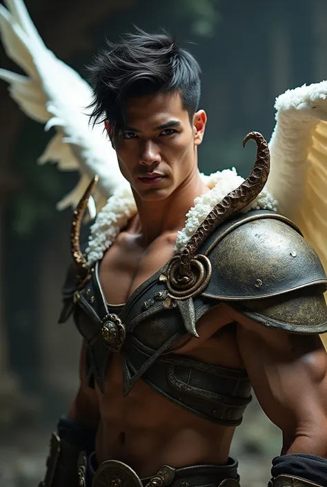 masterpiece, best quality, realistic, ultra detailed, sexy, homoerotic, dungeons and dragons, character design, extremely handsome 30-year old chinito filipino, stylish dark hair, white angel wings, organic "monster hunter" style heavy armor made of dragon...