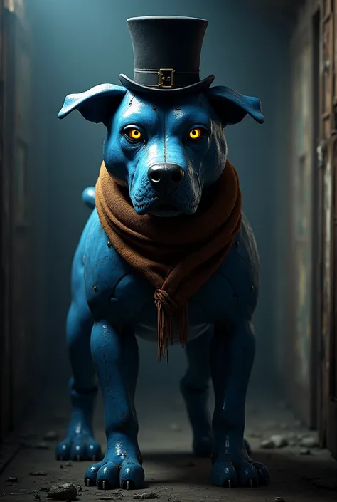 A fnaf 1 style animatronic blue pitbull with a hat and brown scarf 
