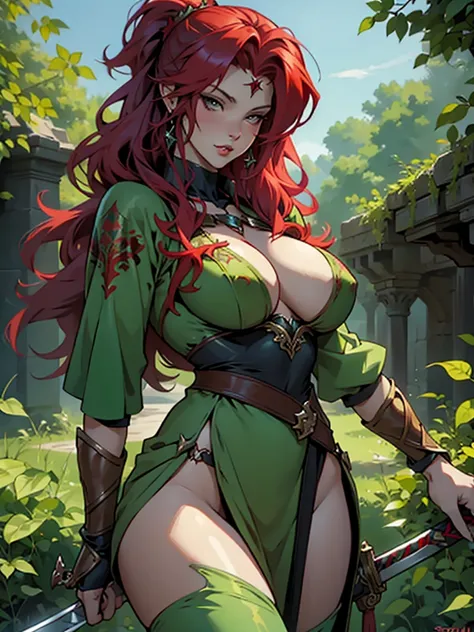 Poison Ivy is red Sonja huge breast, slutty girl with massive Sword. Fantasy art. Metallic clothes 