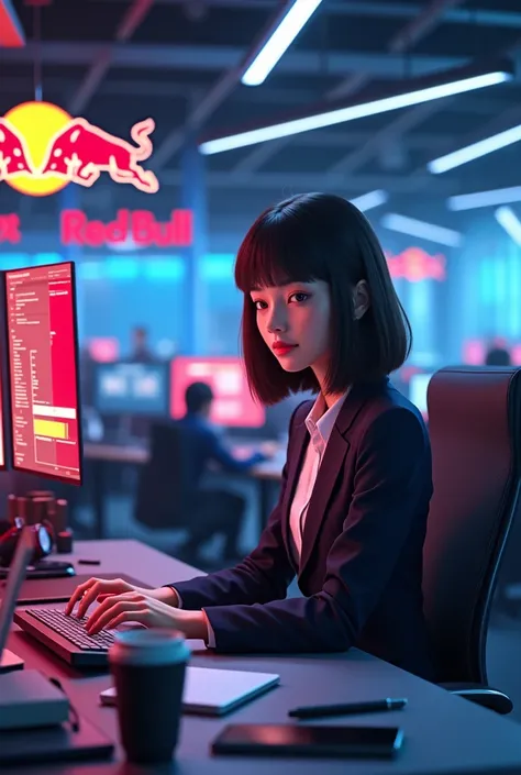 create an image of a girl with shoulder length dark brown hair working at the red bull company