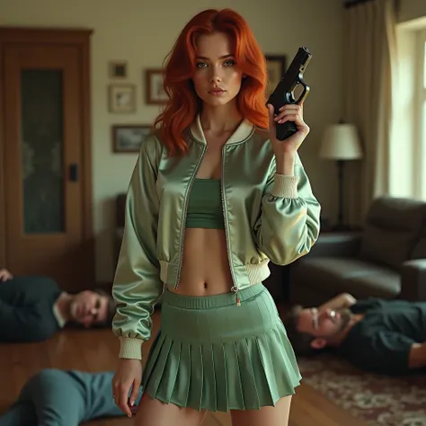 wide depth of field, wide depth of focus, f/11 lens setting, all objects in focus, woman with pistol, holding glock pistol, living room background, full body image, sage green and white short cropped soft shiny satin bomber jacket,  zipped up jacket, pleat...