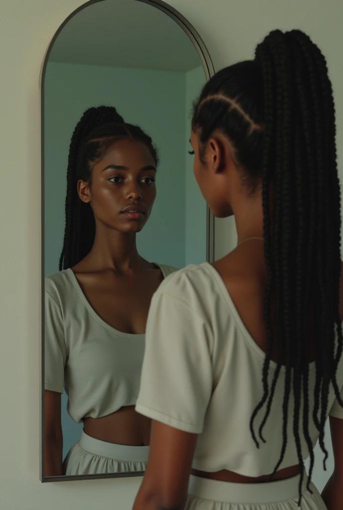 Image of a sad mulatto woman with braids in her hair Looking in the mirror and seeing a  with mulatto skin dancing happily 