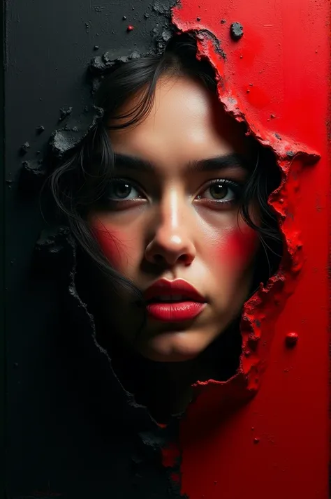 Image of a face standing out between black and red paint with a background of depth 