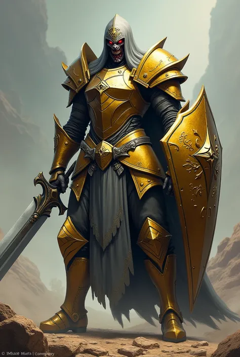 Create a paladin with gold and gray armor carrying a sword and shield, your face must be deformed and your eyes must glow red