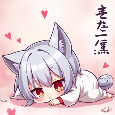 One Woman,Gray Hair,Cat ear,((Chibi Character)) ,Red eyes,White kimono,Sleeping on the floor,Tired face,Feeling exhausted,Please enter text in the bottom right corner of the fantasy image,A very popular font,