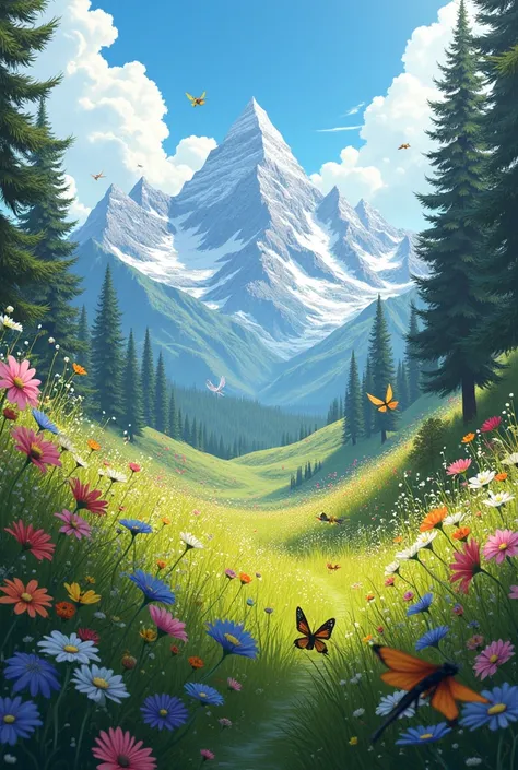 Fantastic landscape, low vegetation, grama verde, Sunnyday, insects flying around wildflowers, beautiful pine trees in the background and in the distance gigantic snowy peaks, Modern Fantasy Illustration
