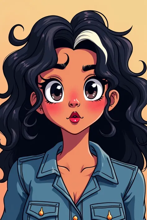 brunette woman, black person hair curly kinky layered long defined white streak, chubby, denim clothing, Brown eyes, reddened mouth, dark eyes, big and wide face, Disney pixel animation style wide nose