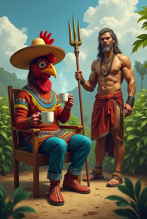 Mutant chicken crazy dressed as a Colombian drinking coffee sitting on a Rimax brand chair with Poseidon with his trident in his hand, muscled man sitting next to him drinking coffee in Colombian clothes in a coffee plantation 
