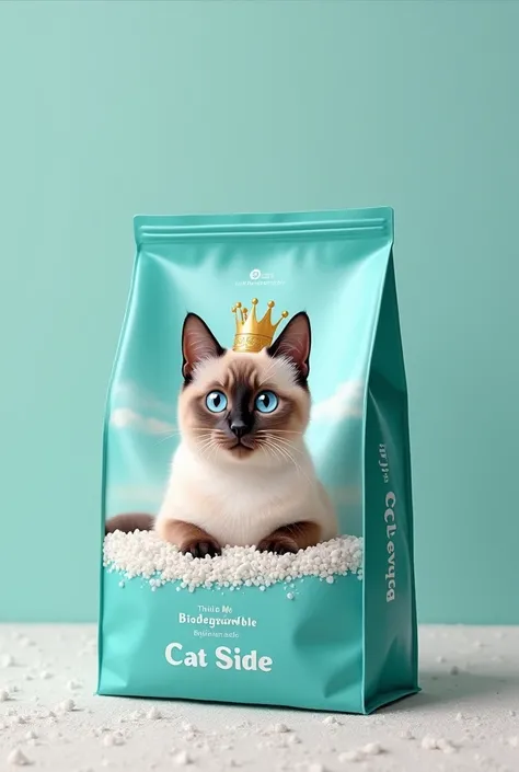 create a 4kg plastic bag for cat litter. must have turquoise and white colors, a realistic photo of a siamese cat sitting in a box with white sand with a charming look and a king&#39;s crown.  deve ter a nome Lying on the side do pacute e deve ter a phrase...