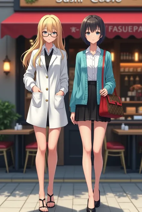 (2 girl), ((1 woman is French, 1 girl Japanese with standing)) , front sushi restaurant , noon ,from Front view, looking at viewer, ((1 young French White girl:1.3)) ( blond hair, long hair, gray eye, little lip , earring neckless, black eyeglass), (White ...