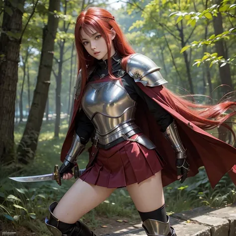 a knight girl, Red hair, greeneyes, overskirt, metal boots, knee-high socks, female armor, young sensual, carrying a sword in its sheath, fully body, detalhes perfeitos, nice face, delicate features, corpo delgado, 