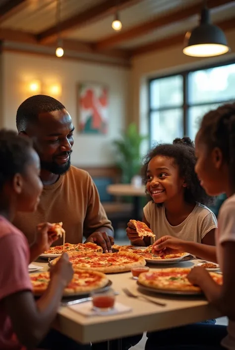 Realistic photo of a family of dark-skinned people, Baba, mother and two daughters in the restaurant eating pizza 