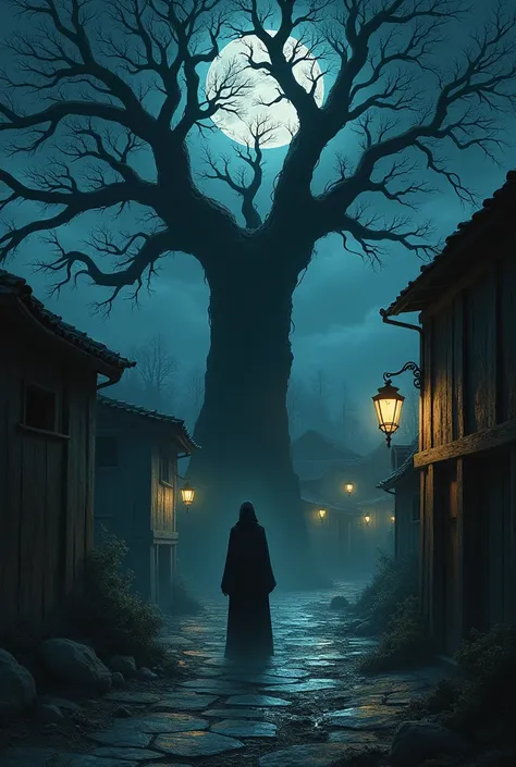 A dark village at night with a mysterious shadow under a tree