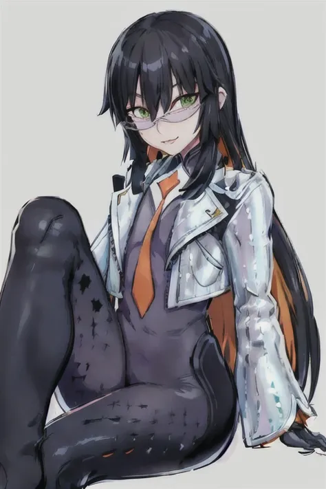 daraku, alone, 1girl, glasses, green eyes, solo, jacket, bodysuit, orange tie, long hair, gloves, smile, best quality, masterpie...