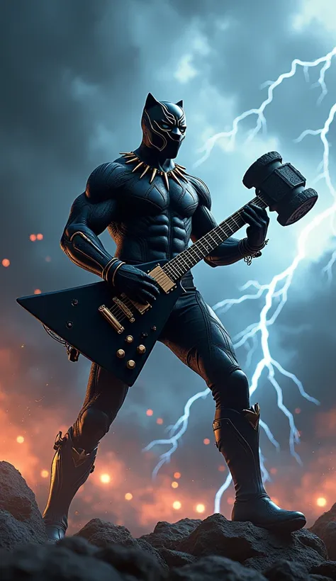 Rock Black Panther marvel with hammer shaped guitar with thunder in the background and a very rock vibes.