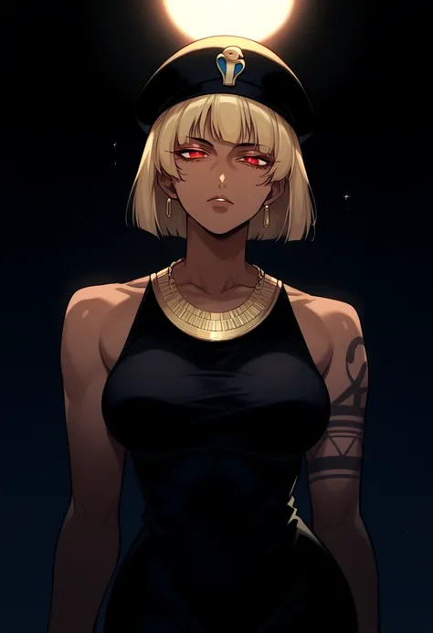 mature woman dark skin, red eyes, short blonde hair ,black marks under the eye , golden necklace, black dress,tattoo on arm, black and white egyptian penguin hat ,Egyptian style, 90s anime style