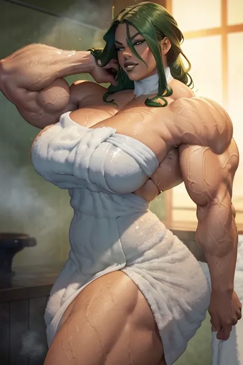 ((Close-up)), tall, green hair, beautiful muscular woman, (sweating), long curvy hair, brown skinned, closed smile, (black lipstick), ((massive muscles)), (hyper muscle), ((ginormous bulky muscles)), orange eyes, ((((white giant strapless bath towel dress)...