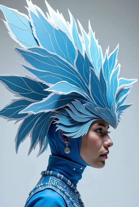 A headdress made with cardboard with bird and wind design. Colored blue and white
