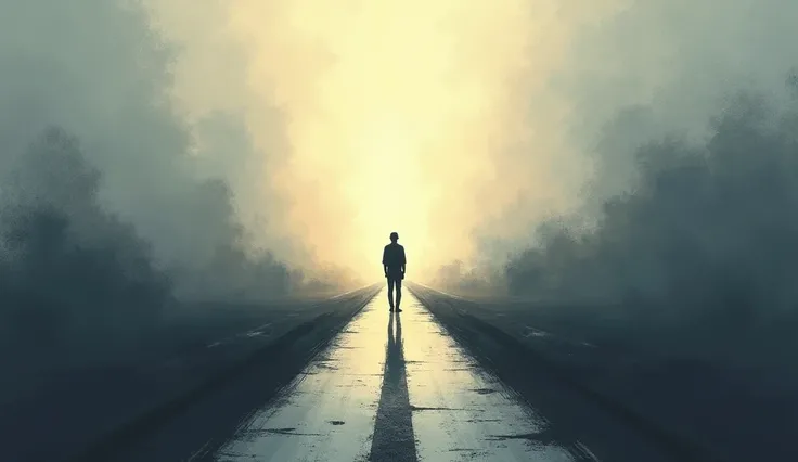 An illustration of a person at a crossroads with two paths, with a lighted path and a dark one, symbolizing conscious and unconscious choices.