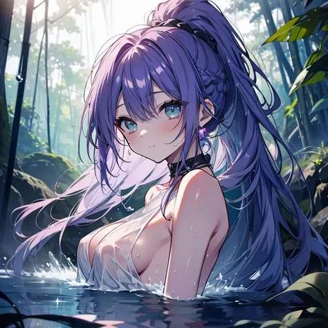 1 person、Mature、Ample breasts、Long Hair、Purple Hair、ponytail、Braid、Emerald green eyes、Long Hair、naked、Embarrassing、Nipples、Areola、Blushing、Sweat、night、night空、Bathing、In the lake、Water droplets flutter、waterfall、in the forest、Illuminated by the moonlight、ge...