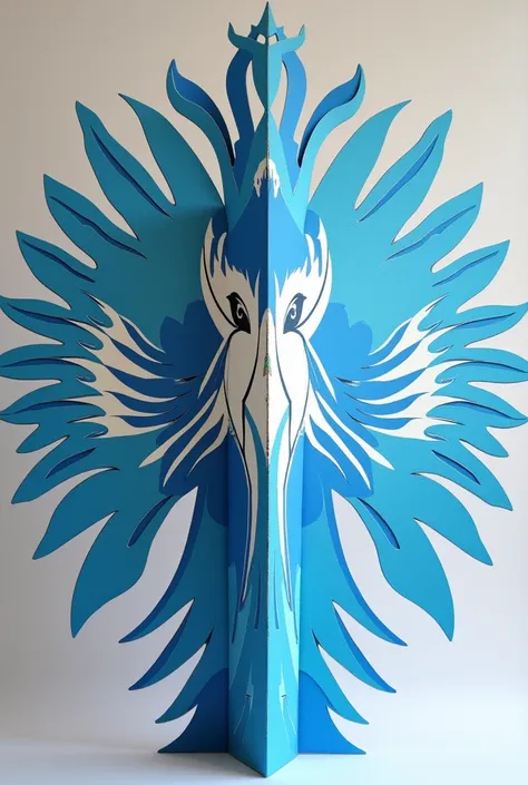 A headdress made with cardboard with bird and wind design. Colored blue and white. FRONT VIEW
