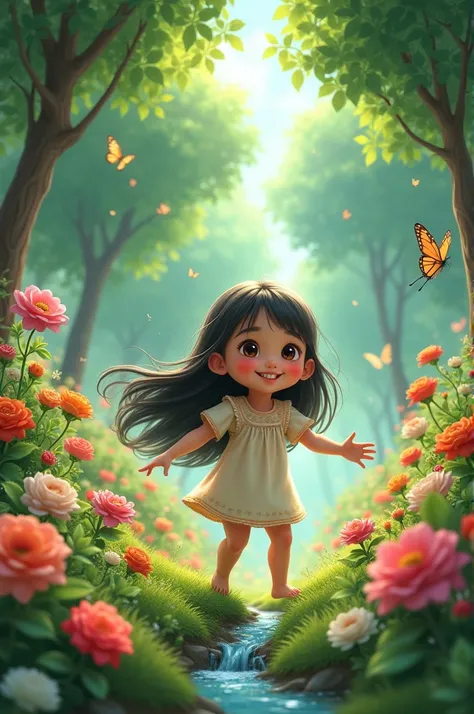 A young girl named Marium playing in a lush garden, surrounded by flowers and trees."