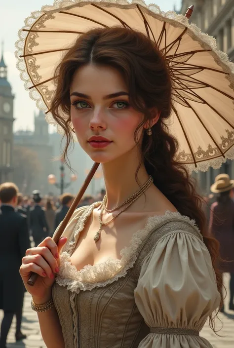 18 year old girl, Brown hair, green eyes, thick and slightly red lips, Hair collected, with Victorian era dress, with a parasol and a London landscape in 1880