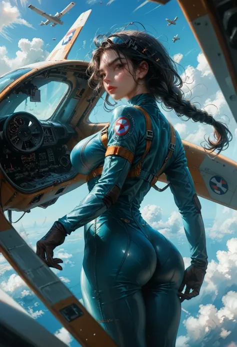   airplane pilot athletic bodies slim big breasts big buttocks long black hair braided wavy . pilot suit neckline .  planes flying 